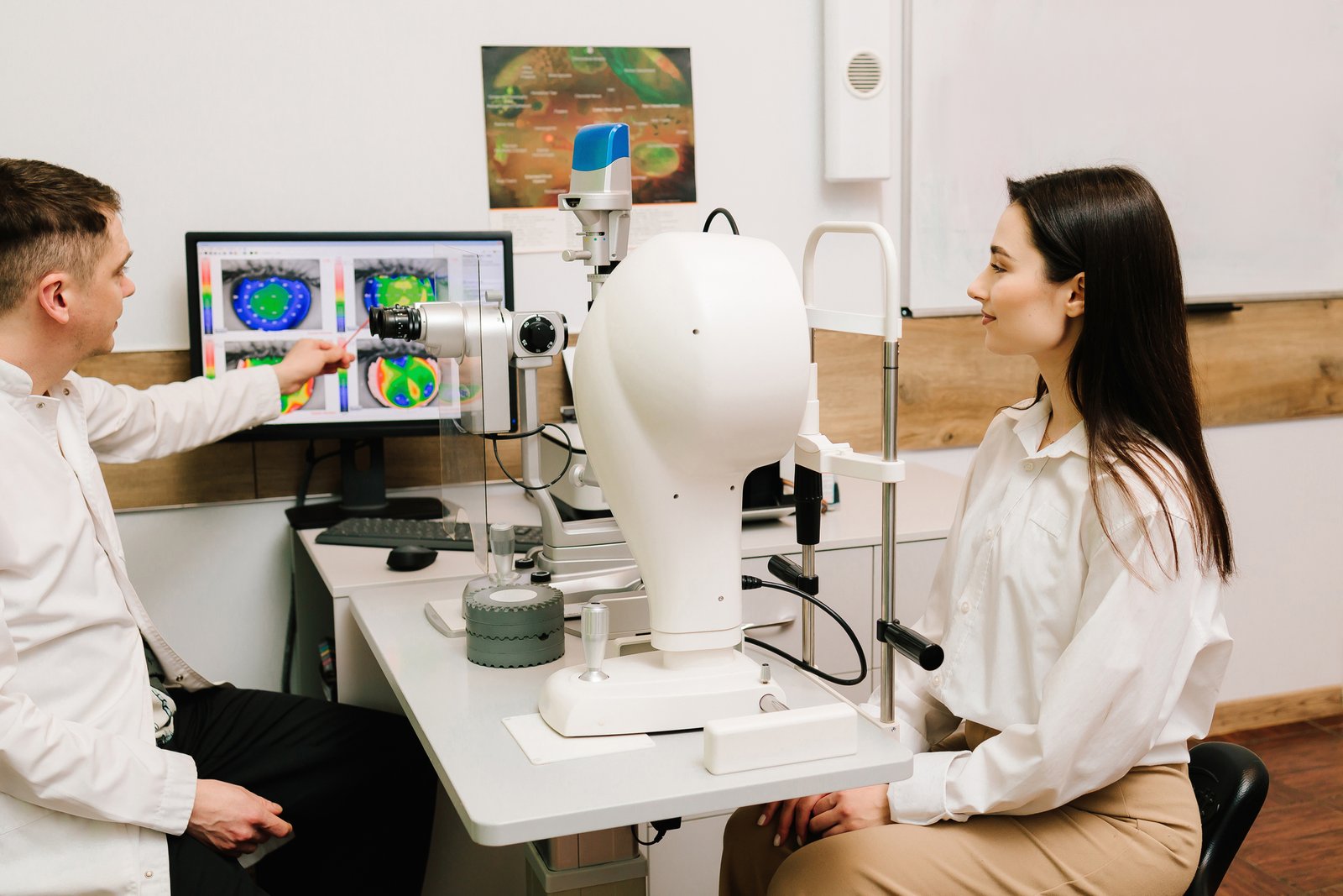 Profesional analizando mapas cromáticos de un examen ocular
